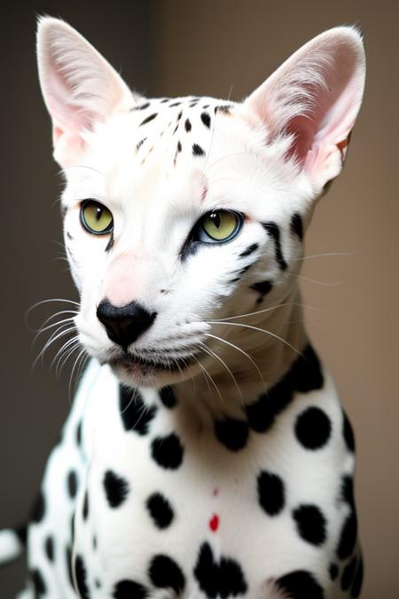 RAW photo, 1 cat, cat dalmatian, white hair with black dots, far away, very long shot, (high detailed skin:1.2), 8k uhd, dslr, soft lighting, high quality, film grain, Fujifilm XT3