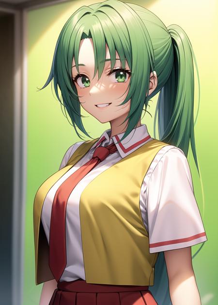 1girl, ponytail, green hair, (long hair), green eyes, school uniform, collared shirt, red necktie, yellow vest, open vest, red skirt, smile, looking at viewer, short sleeves,
upperbody, standing,
<lora:SonozakiMion:0.6>, sonozaki mion,
 <lora:piromizu512:0.4>,