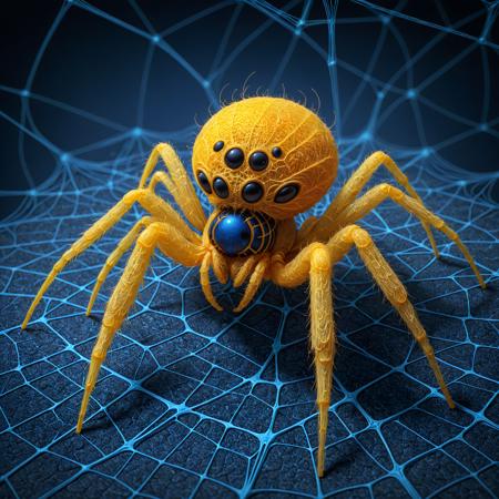 little cute yellow glowing spider on the blue complex lighted blue spiderweb, fantasy, highly detailed, photorealistic, <lora:ral-frctlgmtry-sdxl:0.5>