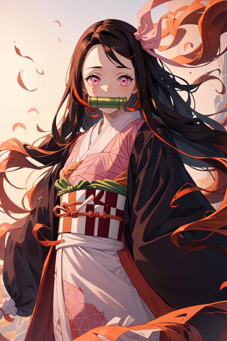 (((masterpiece))), nezuko, 1girl, bamboo, bit gag, brown hair, checkered sash, gag, gagged, gradient hair, hair ribbon, haori, japanese clothes, kimono, long hair, looking at viewer, multicolored hair, orange hair, pink eyes, pink kimono, pink ribbon, ribbon, solo, upper body,  <lora:nezuko-05:0.7>