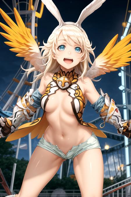 masterpiece, best quality, gabriel, gabrielmain, short shorts, white gauntlets, head wings, bare shoulders, excited, amusement park, night <lora:GabrielV1:0.85>