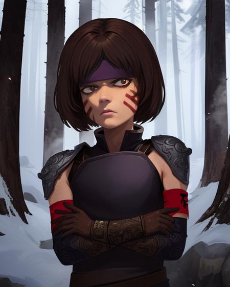 Smellerbee, petite,, short brown hair,  red facial mark, brown eyes , eyeliner,  (arms crossed), upper body, serious face, 
SmelAtt, purple headband, white gloves, leather chest plate,  single shoulder pad, left red armband , pants, boots, 
forest, mercenary camp,  nighttime, 
(insanely detailed, beautiful detailed face, masterpiece, best quality)    <lora:Smellerbee:0.8>