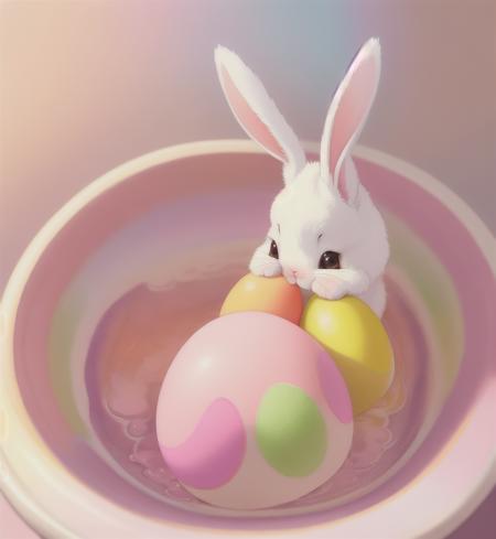 Beautiful little bunny with dreamy eyes, volumetric light, hyper realistic, intricate detail, illustration, painting, watercolor, kawaii chibi, eating easter egg, Aww!, Shallow depth of field, pastel color palette, Soft Lighting, Minimalistic, Modern, Digital painting, art by lois van baarle and ross tran and artgerm, Trending on Artstation HQ, highly detailed