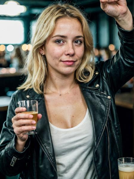 a 35 years old blonde wearing tight blue jeans and a black leather jacket, big ass, ((wasted)), discotheque, peace sign with her hand, flushed cheeks, dazed expression, half-empty glass, unsteady posture, messy hair, dim lights, nightlife atmosphere, glass of alcohol, swaying, sleepy eyes, red cheeks, tipsy, giggling, tipsy expression, disheveled



RAW photo, subject, 8k uhd, dslr, soft lighting, high quality, film grain, Fujifilm XT3