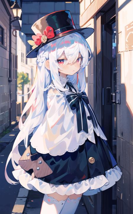 (masterpiece), (best quality),(illustration), from side,colorful,

1girl, beautiful red eyes,detailed long (white hair:1.5),
,white door,building behind,dress,best quality,long white hair,(mini top hat),detailed red eyes,hair between eyes,braid,french braid,(white hair),

,manaphy,magaeshi,ankle lace-up,

off-shoulder dress,

frilled capelet,white thighhighs,ankle lace-up,neck ribbon,(standing),upper body
<lora:uenomigi-loha-000005:1>