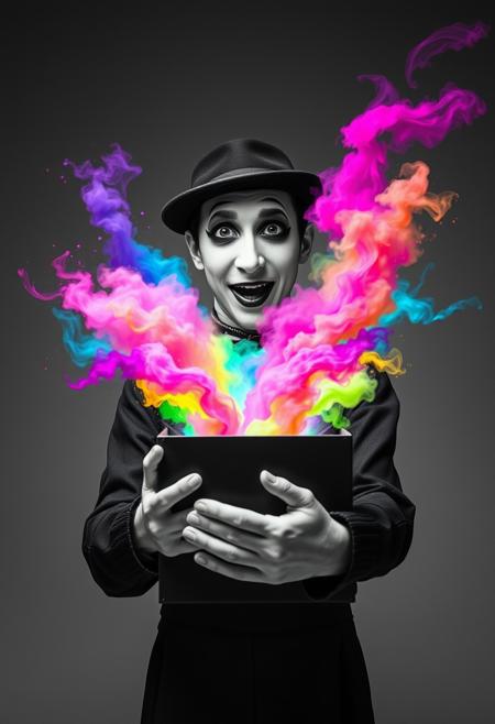 "Image of a mime, dressed in traditional black and white attire, opening a small mysterious box. The entire scene is rendered in black and white, with no hint of color anywhere. But as the mime lifts the lid of the box, a burst of vibrant, beautiful colors erupts from within. The colors are a riotous mix of pinks, blues, yellows, and greens, swirling and dancing in the air like a living thing. The mime's face is a picture of surprise and wonder, their eyes wide with amazement as they gaze at the colors that should not exist in this monochrome world. Style: surreal, dreamlike, and fantastical, with a focus on capturing the mime's shock and delight at the unexpected burst of color." Absurdres Highest-Quality, 4k