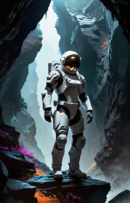 a beautiful artwork illustration, concept art sketch of an astronaut in white futuristic cybernetic armor in a dark cave, volumetric fog, godrays, high contrast, vibrant colors, vivid colors, high saturation, by Greg Rutkowski and Jesper Ejsing and Raymond Swanland and alena aenami, featured on artstation, wide angle, vertical orientation, eroded cliffs, crumbling edges, treacherous footing, panoramic vistas