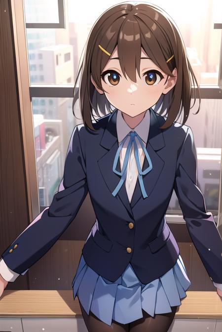 yuihirasawa, <lyco:yuihirasawa-LYCORIStest:1>,
yui hirasawa, (brown eyes:1.5), brown hair, hair ornament, hairclip, medium hair, (flat chest:1.2),
BREAK black pantyhose, blazer, blue jacket, blue ribbon, blue skirt, buttons, collared shirt, jacket, long sleeves, neck ribbon, pantyhose, pleated skirt, ribbon, sakuragaoka high school uniform, school uniform, shirt, skirt, white shirt, winter uniform,
BREAK looking at viewer,
BREAK indoors, classroom,
BREAK <lora:GoodHands-vanilla:1>, (masterpiece:1.2), best quality, high resolution, unity 8k wallpaper, (illustration:0.8), (beautiful detailed eyes:1.6), extremely detailed face, perfect lighting, extremely detailed CG, (perfect hands, perfect anatomy),