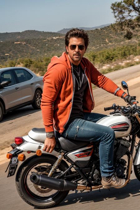 (action photo:1.2), (hrxw man:1),  (riding a motorbike:1.2) , Ripped jeans and oversized hoodie, wearing sunglasses, movie action shot
 <lora:HrithikRoshanDogu:1>