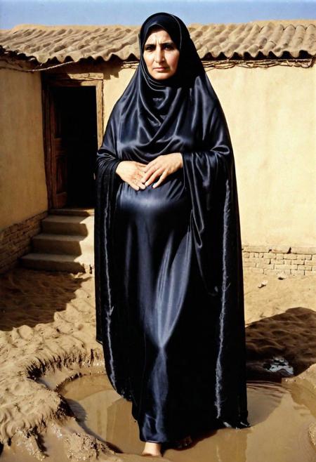 vintage photo of Iranian wife ,(satin chador) loose, liquid satin chador, see through, filthy, nasty, mud, black ,bulky , dusty cottage, RAW photo, full detailed photo , ((satin)) ,tall woman ,standing, whore, old photo, ugly, thick, strong woman ,old photo, Afghani ,gun