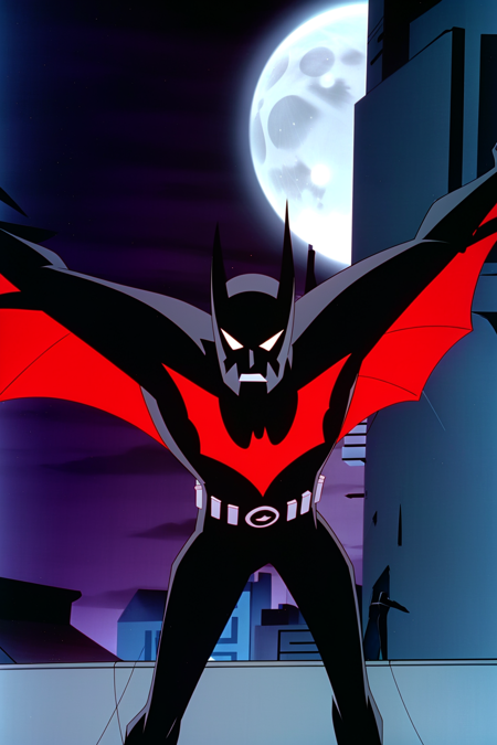 Batman-Beyond, Beyond-Wings, male focus ,crouched, outstretched arms,
, (colorful),finely detailed, 
sky, cloudy_sky, building, moonlight, moon, night, (dark theme:1.3), science fiction, <lora:Batman_Beyond-20:1>