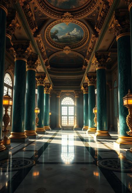 masterpiece, best quality, hyper detailed, ultra detailed, UHD,
low-key,( dark:0.8), chiaroscuro,, vibrant colors,
columns, palace, malachite columns, marble floor, golden ornaments, murk, volumetric light, bathhouse