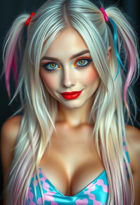 a gorgeous 20 years old caucasian woman, very pale skin, platinum blond very long hair in unkempt very long pigtails on her each head's sides in different color of cyan and pink, long red eyelashes on her left eye and long blue eyelashes on her right eye, blue mascara on her right eye and red mascara on her left eye, purple eyeliner define her big beautiful amber eyes, green glittering eyeshadow on her right eyelid and orange glittering eyeshadow on her left eyelid, luscious sensual red glossy lips, rouge, sexy curves, big breasts, sexy feminine latex dress with cleavage in cyan-pink pattern, looking at viewer naughty and playfully, seductive smirk