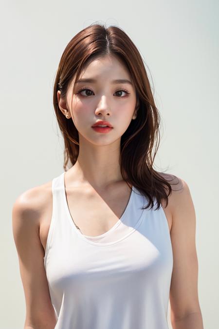 (masterpiece,best quality,realistic:1.3),1girl,solo,upper_body,sleeveless_shirt,bare_shoulders,(white_background,simple_background:1.3),(ulzzang-6500-v1.1:0.3),<lora:sullyoon_nv:0.7>