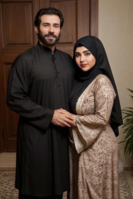 high quality, Algerian, traditional clothes, happiness, smile,  brown eyes, dark hair, 1male, DILF, rough looking, manly face, strong facial features, full beard, thick hair, hairy chest, hairy body, 1female, huge tits, big boobs, curvy body, big Cleavage, wide hips, thick hips, hijab, soft focus, soft light, 2characters, 2peoples, straight couple, couple,