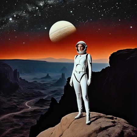 ((masterpiece:1.5)), ((ultra-detailed:1.4)), realistic, 1980s sci-fi movie style, (grainy vintage film look:1.4), (white female figure:1.5) standing prominently, two-thirds of the composition, on a (rugged rock formation:1.3) against a (dark cosmic vacuum:1.3) filled with (distant stars:1.2), (large textured planet:1.2) visible in the remaining third of the background, (high contrast:1.4), neon glow, hues of red, white, and black, minimal in-between colors, (retro aesthetic:1.3), cinematic lighting, slightly faded, (film grain:1.2), (futuristic yet retro armor:1.1)