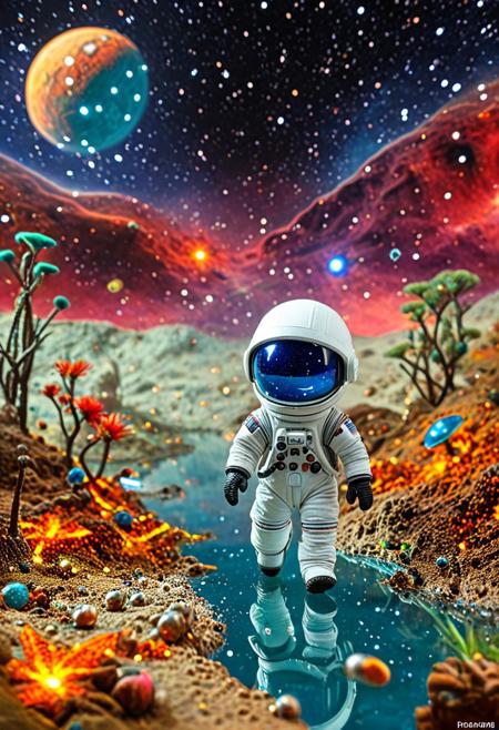Tilt shift photography style, alienworld, Diorama page, plushify, character stuffed toy, a astronaut, blue mirror visor, running, ( Unmanned:1.2), land of alien planet, nebula background,