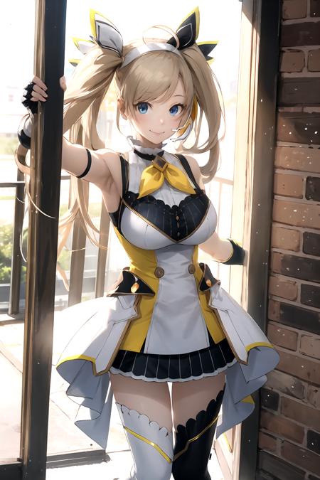 masterpiece, (best quality), vibrant colors ,natural lighting ,RTX, perfect proportions, beautiful, detailed face, (perfect eyes:1.1) ,(photorealistic:1.1), 8k uhd, outdoors, simple background, zea cornelia, 1girl, solo, long hair, smile, blue eyes, skirt, blonde hair, thighhighs, gloves, dress, ribbon, bare shoulders, twintails, medium breasts, very long hair, hair ribbon, ahoge, boots, sleeveless, black gloves, fingerless gloves, black footwear, white dress, white thighhighs, zettai ryouiki, white footwear, headset, asymmetrical legwear, mismatched legwear, straight-on, Leaning on an invisible window,   <lora:ZeaCornelia:0.85>