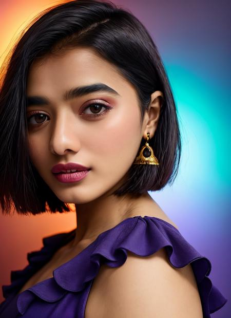 portrait of skswoman, joyful , wearing mini dress , with purple Layered haircut , background cosmic epic (photo, studio lighting, hard light, sony a7, 50 mm, matte skin, pores, colors, hyperdetailed, hyperrealistic), <lyco:Ketika Sharma:1.1>