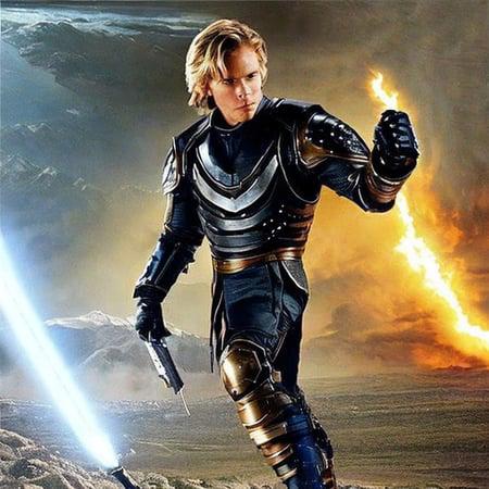 aslanscifi-v2, A photo of 24 year old Erik Von Detten with (blonde hair) as a royal space warrior wearing ((carbon fiber space armor)) with intricate engravings and (glowing lights embedded in armor), (Style-TronLegacy-8v-A:.8), (medium wide shot), in a fighting pose, imperious expression, golden eyes, atmospheric lighting, flames in background