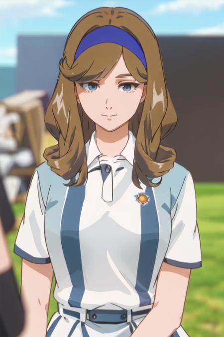 best quality, masterpiece, highres, solo, {himekawa_mizuho_birdiewinggolfgirlsstory:1.15}, brown_hair, long_hair, hairband, blurry, closed_mouth, blue_eyes, 1girl, brown_eyes, looking_at_viewer, shirt, short_sleeves, belt, outdoors, red_shirt, grass, skirt, white_skirt, collared_shirt, upper_body