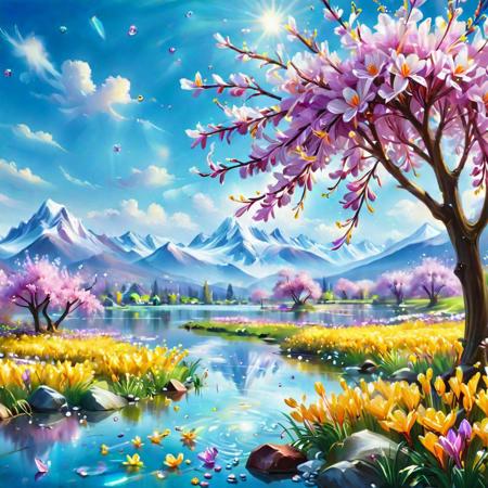 In the style of Bob Ross. Peaceful early Spring Scene, cherries blossom tree, crocus, blur, crocus, forsythia bushes, clump meadow fantasy landscape,  a lake with crystal water. A group of mountains with little snow on the top. Clear and sunny sky. Oil painting.