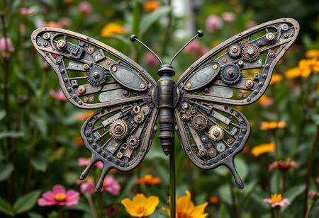 A close-up of a butterfly made entirely of intricate gears, cogs, and metal plates, yet it moves with the grace and beauty of a real butterfly. The background is a lush garden where the contrast between nature and machine is highlighted,
intricate organic sculptures, dark and surreal illustrations, surreal and fantastical world, nature-inspired sculptures, eerie and otherworldly elements, delicate balance between beauty and darkness, intricacy and surrealism, mesmerizing realm, organic meets macabre, harmonious and haunting display, intricate storytelling, surreal aesthetic, dark beauty, fantastical creatures, nature-inspired details, macabre atmosphere, whimsical and eerie blend.