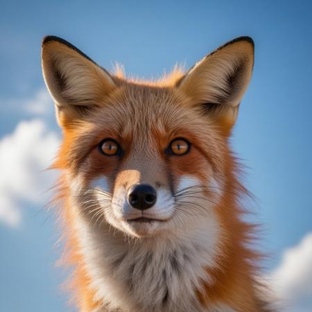 very realistic close-up photography of the head of a red fox, blue sky background with cirrus clouds and slightly hidden sun