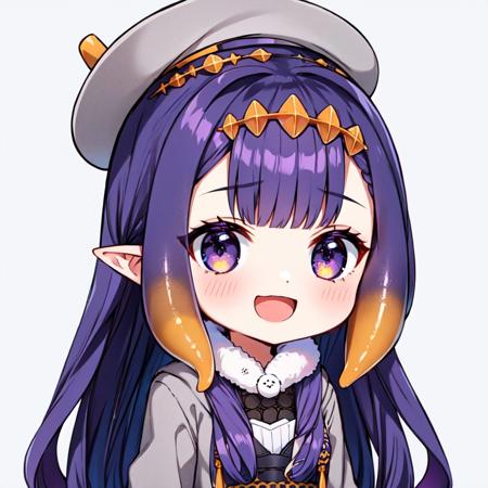 masterpiece, 1girl, best quality, ninomae ina'nis, long hair, dark purple hair, pointy ears, tentacle hair, chibi, minigirl, multicolored hair, colored inner hair, :d, gray jacket, gray headwear, upper body, simple background,