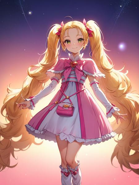 shiny-luminous shiny-luminous, blonde hair, twintails, pink dress, capelet, brooch, arm warmers, leg warmers, boots, porch, earrings