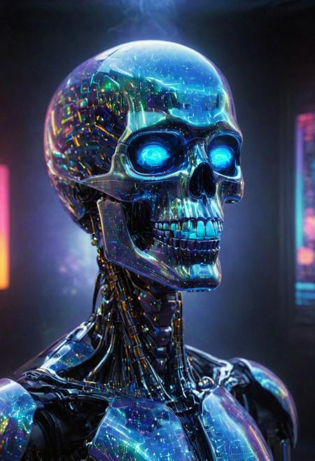 A highly detailed CGI image of a holographic blue-robot with glowing h4v_h0l0. The robot has a large, smiling blue face with big, expressive eyes and a small, open mouth, giving it a friendly appearance, circuit-like patterns on its forehead. female robot  entirely made of h4v_h0l0, featuring gold accents on the eye sockets and nose. The skull wears a vivid blue h4v_h0l0 suit jacket with a glossy finish, and a tie also constructed from h4v_h0l0. The design blends surreal and artistic elements, combining android and human traits with precision. The skull’s lips are closed, forming a calm, neutral expression. The background is a soft, sparkly gradient of red and green hues, giving the image a luminous, dreamlike feel. The skull has a smooth, polished surface, and the lighting is carefully arranged to highlight both the intricate keyboard structure and the reflective jacket. The composition is well-balanced and focused on the upper torso and skull, emphasizing artistic foreshortening and chromatic detail, in the style of contemporary light-based art installations, smoke h4v_h0l0 datacenter background. holographic blue-robot with glowing h4v_h0l0, android skull made of h4v_h0l0 with gold eye sockets and nose, blue h4v_h0l0 glossy suit jacket, h4v_h0l0 tie, soft sparkly pink h4v_h0l0 gradient background, polished textures, surreal and artistic CGI, neutral expression, foreshortening art, smoke h4v_h0l0 datacenter background