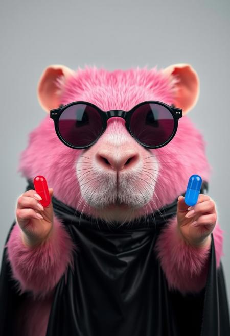 Pink capybara with black round mirrored glasses, like in the Matrix. She is wearing a black latex cape. In one paw she holds a red pill, in the other a blue one. She holds them out directly to the observer in the camera.