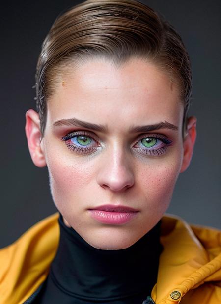 portrait of skswoman, angry , wearing outerwear , with Blunt haircut , background war , epic (photo, studio lighting, hard light, sony a7, 50 mm, matte skin, pores, colors, hyperdetailed, hyperrealistic), <lyco:Daniel Melchior:1.0>