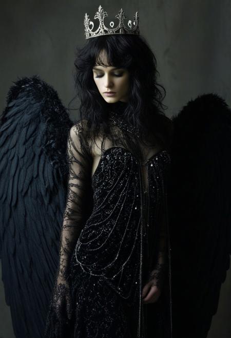 This is a highly detailed, dark, and gothic-themed photograph capturing a striking, androgynous figure with a blend of human and angelic features. The subject, likely a trans or gender-nonconforming person, stands with a melancholic expression, their gaze directed downward. They have a slender, athletic build with small to medium-sized breasts, and their skin appears pale and ethereal in the dim lighting. Their wavy hair cascades around them, styled in an otherworldly, unkempt manner.
They are adorned with intricate, dark, almost black wings that resemble those of a fallen angel, with feathers detailed in a fine, textured way that catches the soft, shadowy light. A delicate, ornate crown made of dark, possibly blackened, metal adorns their head, adorned with small, glowing orbs that hint at an ethereal presence.
The figure wears an elaborate, dark, flowing gown that appears to be made of a material that blends dark velvet and a shimmering, possibly metallic fabric, with intricate, ornate patterns that evoke a sense of gothic decadence. The gown drapes dramatically, revealing an ethereal, almost ghostly quality.