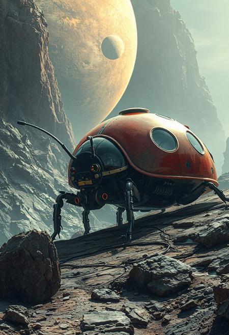 A giant mechanical ladybug traversing a rocky and rugged planet, sci-fi, futurism, the ladybug is a vehicle, windows and railings, portholes, hatchways, dramatic beautiful lighting,