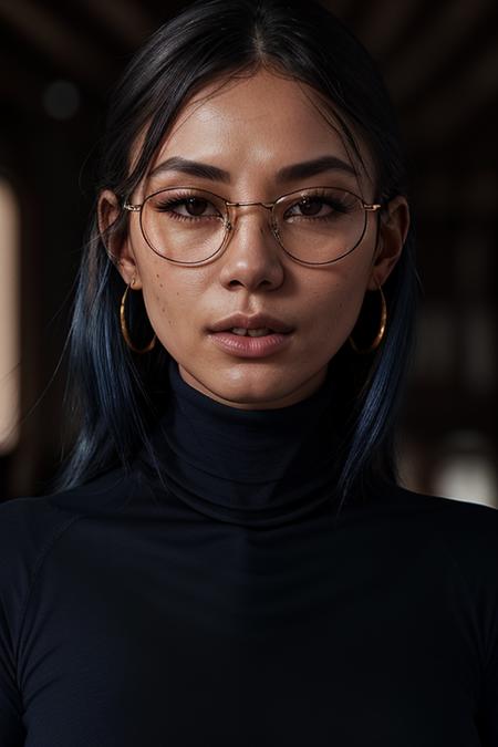 photo of extremely sexy (thando-500:0.99), as a sexy young student, (wearing big round glasses:1.1), closeup portrait upsweep updo, (blue tight long sleeve turtleneck top:1.5), at a cantina sitting bar (masterpiece:1.5) (photorealistic:1.1) (best quality) (detailed skin texture pores hairs:1.1) (intricate) (8k) (HDR) (wallpaper) (cinematic lighting) (sharp focus), eyeliner, painted lips, (earrings), Photorealistic, Hyperrealistic, Hyperdetailed, analog style, detailed skin, matte skin, soft lighting, subsurface scattering, realistic, heavy shadow, masterpiece, best quality, ultra realistic, 8k, golden ratio, Intricate, High Detail, film photography, soft focus