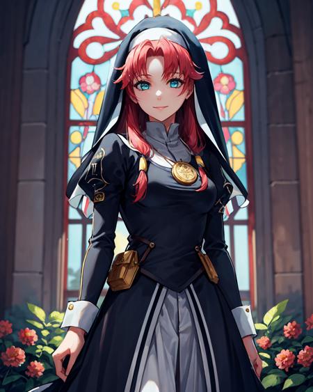 best quality, (masterpiece:1.2), illustration, absurdres,
(1girl), (solo), (beautiful detailed girl), cowboy shot,,
<lora:Ries-08:0.8>, Ries Argent, aqua eyes, red hair, (hair tubes:1.1), hair over shoulder, (sidelocks:1.1), small breasts, 
nun outfit, long skirt, habit, large gold medallion,
church garden, outside church, stained glass, flowers, bush, plants, trees, sky, clouds, day, fruits, berries,
looking at viewer, gentle smile,