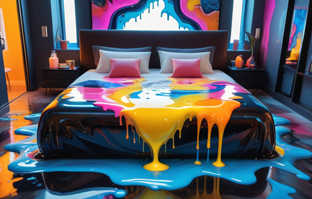 a bed in the middle of a modern apartment, 
<lora:GeekyXL_Liquid_Marble:0.8>
bed flowing and morphing like oil,
bed dipping with multi colored glass, thick dripping goo, 
kaleidoscope of bright hues, primarily blue, yellow, orange, and pink,  fluid motion,
 in the background a futuristic neon apartment