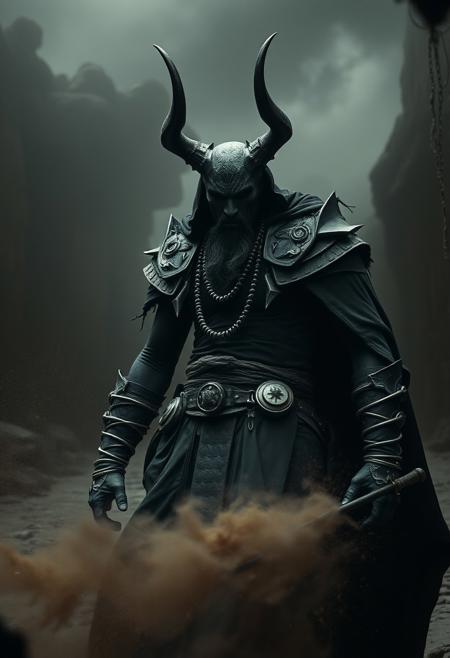 Medium shot of Hades at the underworld, the ancient greek god, horned, black skin and grunge dark clothes, black scale armour, wind, dust, ashes, Nicholas Alan Cope, Mythological High-Fantasy Realism, abstract, Surrealistic, Hans Hartung, dust
