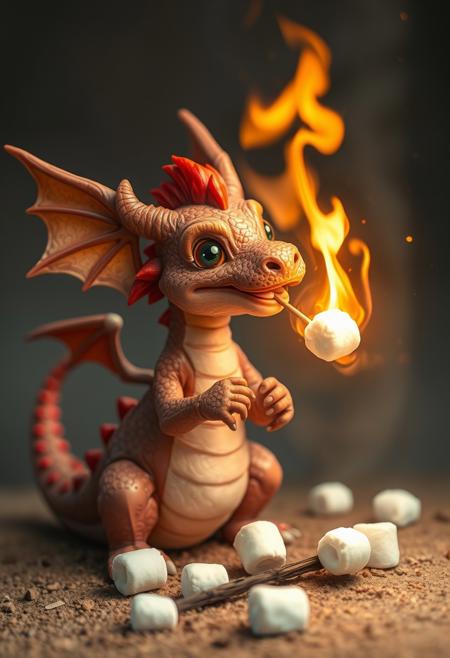 cute small dragon using fire breath to roast marshmallows