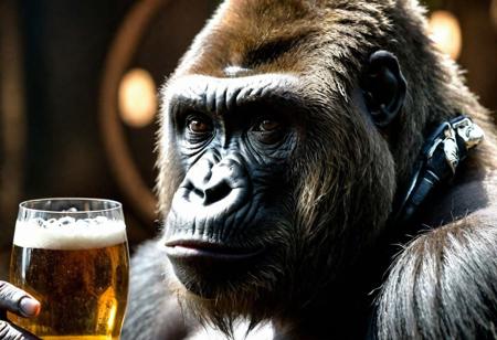 /imagine prompt:A hyperrealistic 32K UHD close-up of a gorilla with dreadlocks, casually holding a glass of beer. The natural setting is relaxed, highlighting the gorilla's detailed fur texture and the unique dreads. Cinematic quality, focusing on the gorilla's calm expression and the beer glass. Created Using: ultra-high-definition camera, realistic fur and dreadlock textures, natural lighting, detailed portrayal of the beer glass, relaxed atmosphere, cinematic depth --ar 1:1 --v 6.0