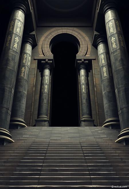 Massive stairs lead up to a giant double archway that is the entrance to a
large inner sanctum. The pillars grow in girth, and their inscriptions more
exalted, as they near the top of the stairway. The noise from the Grand Hall
barely reaches you at this height, and the sanctum itself is eerily quiet.
 It is pitch black here.