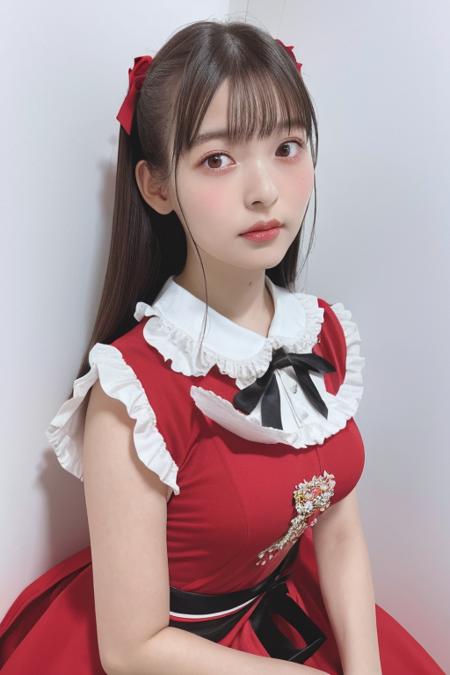 20yo, 8k, RAW portrait of (japanese girl), photo realistic, ultra high res, best quality, real life photo , dramatic, atmospheric, 
1girl, a very beautiful japanese girl, glamour shot of girl, natural skin, long hair, bangs,
big beautiful detailed eyes, brown hair, beautiful detailed nose, medium breasts, 
frills, bow, frilled dress, ribbon,
<lora:sumire>, looking at viewer, blurry background, upper body, simple background, kneeling, (at night :1.1)