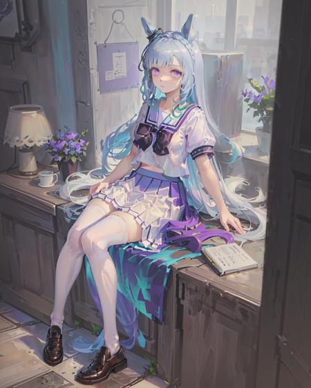 SFW, indoors,school
mejiro_ardan_UN, 1girl, (solo), horse_ear, horse_tail, full body, large breasts, curvy, 
(long hair:1.3),(blue_hair:1.2), purple_eyes, hair_ornament, (purple_serafuku:1.2), (purple_bowtie:1.2), (summer uniform:1.1) ,(puffy_short_sleeves:1.1), (white_plated_skirt:1.3),(white_stockings), brown_shoes