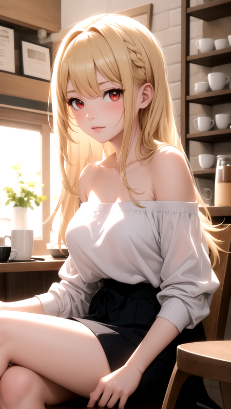 (masterpiece, best quality), 1girl, long blonde hair, red eyes, off shoulder, sitting, coffee house, coffee cup