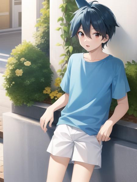 masterpiece, best quality, PokespeRed, 1boy, blue shorts, white shirt, city, ice cream, <lora:PokespeRed:0.9>