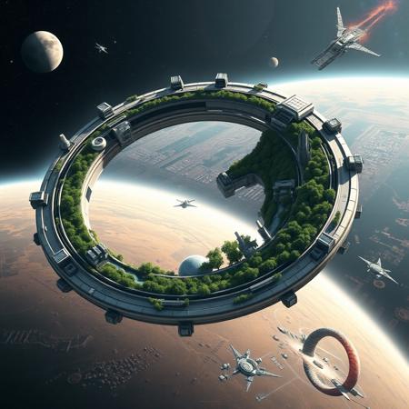 Highly detailed and futuristic digital artwork depicting a massive space habitat ring orbiting a planet. The ring structure is metallic and segmented, with various sections showcasing lush green landscapes, forests, rivers, and futuristic skyscrapers. The habitat appears to be self-sustaining with solar panels and other technological installations attached to its exterior. In the background, the curvature of the planet is visible, along with a distant moon and a starry sky featuring a nebula. The image combines elements of science fiction and advanced technology, creating a vision of a possible future in space colonization.