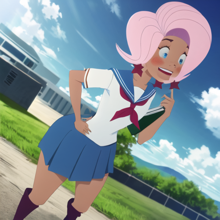 masterpiece, best quality,  <lora:Willow:1>,Willow, 1girl, blush, blue eyes, skirt, jewelry, school uniform, full body, pink hair, earrings, serafuku, dark skin, dark-skinned female, star earrings, cartoon, parody, smiling, laughing, cowboy shot, open mouth, blue skirt, blue boots, holding, books
BREAK
(school:1.3), 8K, RAW, sharp focus, (dynamic perspective), highres, close-up, (timeless beauty:1.4), A Beauty Shot, photoshop \(medium\), candid, (Joy:1.3)