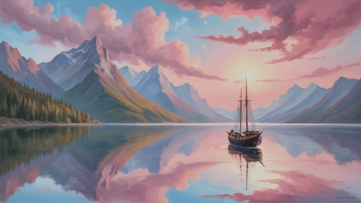 a ship floating on a lake surrounded by mountains, dreamscape, pink sky, clouds, oil painting, soft brush strokes