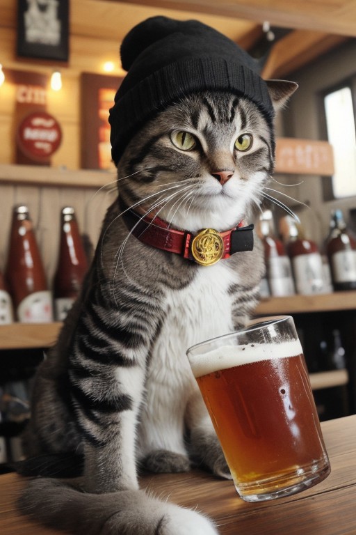 Beer-drinking Cat, Red Beer, Wearing black beanie,